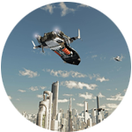 Scene of a flying car over a city